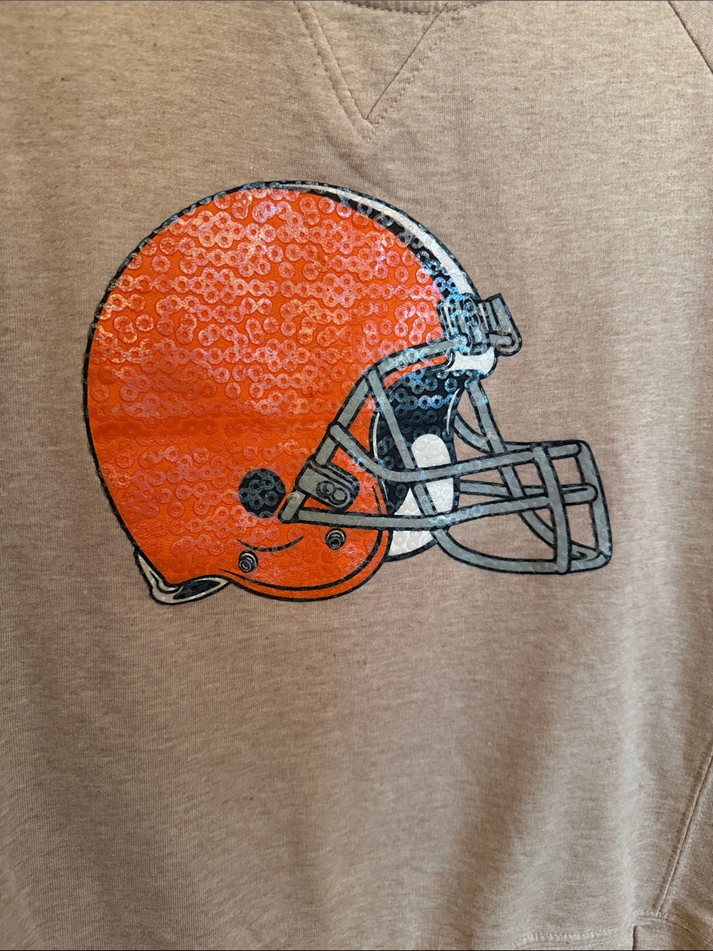 NFL Women's Cleveland Browns Taupe Sweatshirt with Orange Sequin Helmet Graphic